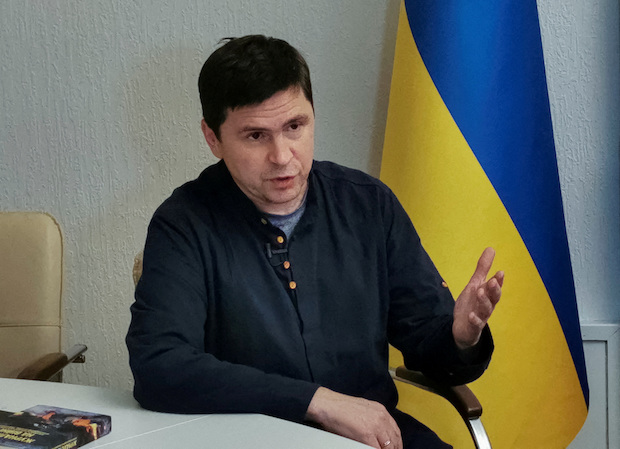Mykhailo Podolyak, political advisor to Ukrainian President, speaks during an interview in Kyiv. STORY: Ukraine aide proposes post-war demilitarized zone in Russia