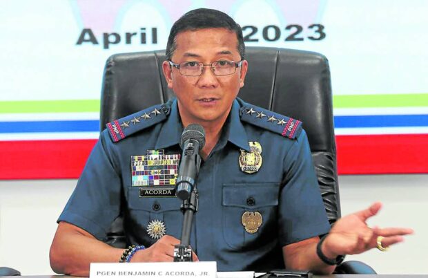 Newly appointed Philippine National Police Chief Police General Benjamin Acorda Jr. holds his first press briefing on Tuesday, April 25 2023 at Camp Crame in Quezon City. Acorda, expresses his priorities as the new PNP Chief that he will be combatting illegal drugs, anti-insurgency efforts, and cleansing the police ”scalawags” or bad cops.INQUIRER PHOTO / NINO JESUS ORBETA