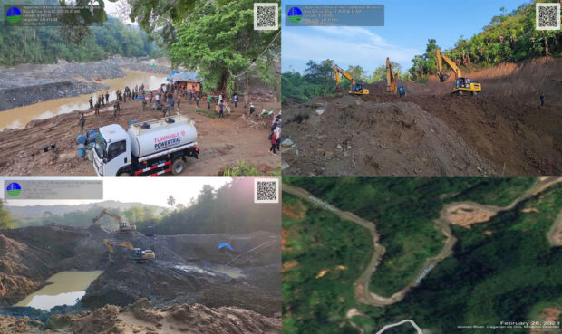 ENVIRONMENT SURVEILLANCE At least 16 people, five of them Chinese, were arrested on May 13 as authorities stopped an unauthorized mining operation that had damaged about 7 hectares of forestland in Opol, Misamis Oriental. A satellite image (lower right) led to the discovery of the site, alerting the Department of Environment and Natural Resources (DENR). —PHOTO FROM DENR