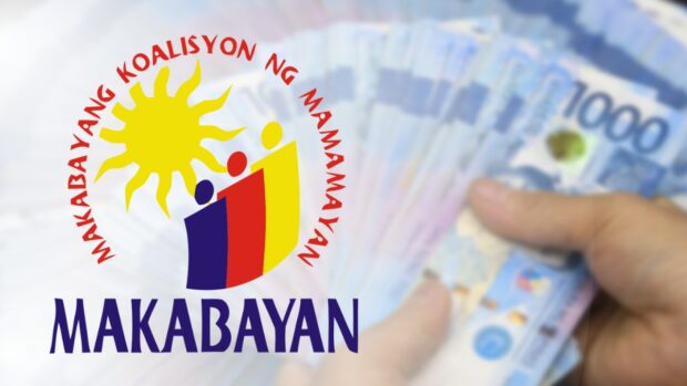 Composite photo of hand holding 1,000-peso bills with Makabayan logo superimposed. STORY: Maharlika fund like ‘gambling with parents’ money’ – Makabayan