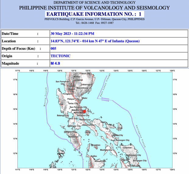 Quezon earthquake, epicenter shown in Phivolcs map. STORY: Magnitude 4.9 quake jolts Quezon, felt in parts of Metro Manila
