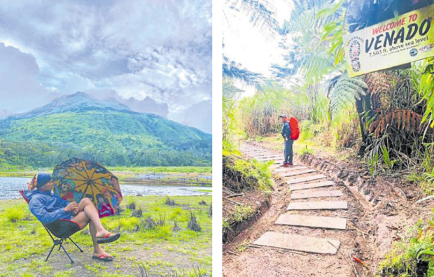 On the left, a mountaineer takes a break beside Lake Venado en route to Mt. Apo’s peak. On the right, the Kidapawan City government says the concrete pathways built along the Mandarangan trail leading to Apo’s summit aim to prevent soil erosion and ensure the safety of climbers. STORY: ‘Stairway’ to Mt. Apo draws flak from netizens