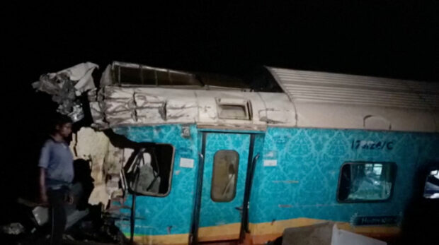 A view of a damaged compartment, following the deadly collision of two trains, in Balasore, India June 2, 2023, in this screen grab obtained from a video. ANI/Reuters TV via REUTERS
