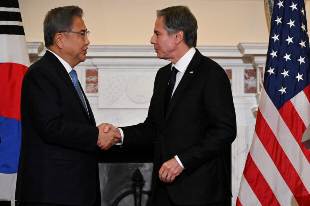 U.S. Secretary of State Antony Blinken and South Korea's Foreign Minister Park Jin shake hands at a news conference, at the U.S. State Department in Washington, U.S. June 13, 2022. Roberto Schmidt/Pool via REUTERS/File Photo