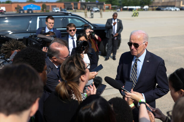U.S. President Joe Biden speaks to journalists before boarding Air Force One, at Joint Base Andrews in Maryland, U.S., June 17, 2023. REUTERS/Tom Brenner