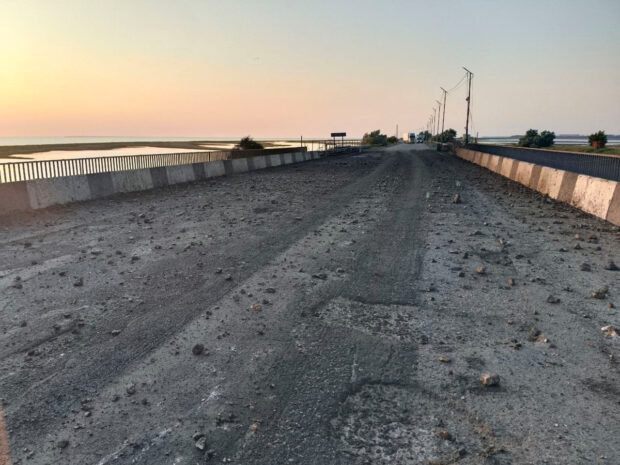 A view shows the damaged Chonhar bridge connecting Russian-held parts of Ukraine's Kherson region to the Crimean peninsula, following what Russian-appointed officials say was a Ukrainian missile attack, in this picture released June 22, 2023. Russian-installed leader of the Kherson region Vladimir Saldo via Telegram/Handout via REUTERS