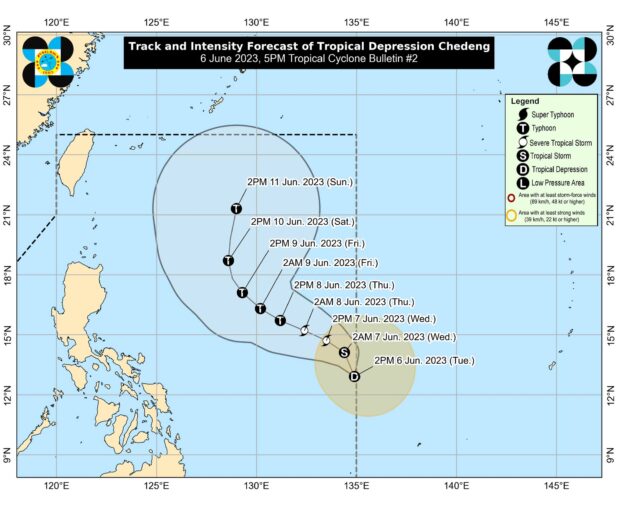 Tropical Depression Chedeng slightly intensified as it hovered inside the Philippine area of Responsibility east of Eastern Visayas, the Philippine Atmospheric, Geophysical and Astronomical Services Administration (Pagasa) said on Tuesday.