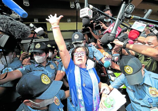 Leila de Llima outside the Muntinlupa City Regional Trial Court after bail was denied. STORY: De Lima stays in jail; court junks bail plea.