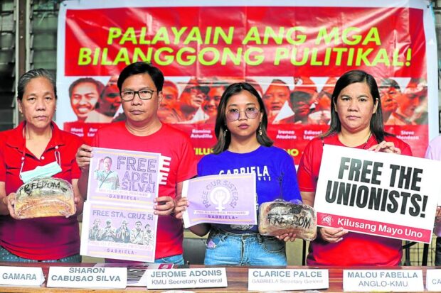 FREE DETAINED UNIONISTS Fellow workers and kin of detained unionists demand the release of all jailed trade unionists seeking just wages, regularization and better working conditions. —NIÑO JESUS ORBETA killings unionists ilo
