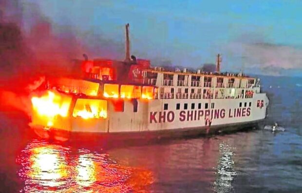 BLAZE AT SEA A fire breaks out at the entrance of the engine room of MV Esperanza Star while the vessel is on its way to Tagbilaran City Port around 3 a.m. on June 18. All of its 132 crew members and passengers have been rescued. —CONTRIBUTED PHOTO