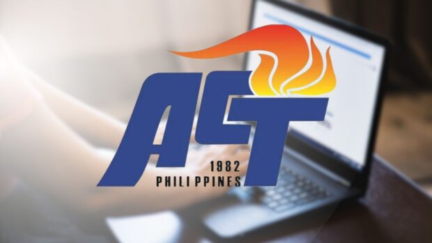 Alliance of Concerned Teachers logo over woman using laptop. STORY: ACT slams late release of Cavite teachers’ gadgets
