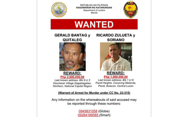 Wanted poster from the Department of Justice and the National Bureau of Investigation as the two agencies offer a P2-million reward for any information that would lead to the arrest of former Bureau of Corrections Director Gerald Bantag and another P1-million reward for the arrest of his deputy, Ricardo Zulueta.