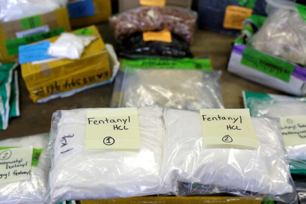 FILE PHOTO: Plastic bags of Fentanyl are displayed on a table at the U.S. Customs and Border Protection area at the International Mail Facility at O'Hare International Airport in Chicago