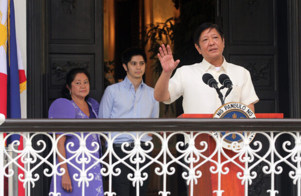 President Ferdinand Marcos Jr. along with his wife, First Lady, Liza and son, Joseph Simon at the Goldenberg Mansion during the ceremonial opening of the Malacanang Heritage Tours, Manila on May 30, 2023. INQUIRER PHOTO / NINO JESUS ORBETA