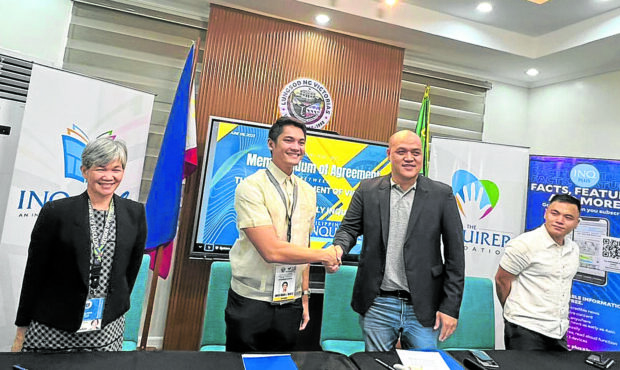 At the June 6, 2023, INQskwela MOA signing, from left: Victorias City Superintendent of Schools Portia Mallorca, Victorias Mayor Javier Miguel Benitez, PDI national sales manager Roy Raul Mendiola and Councilor Derek Palanca. STORY: Victorias City latest local gov’t partner of INQskwela