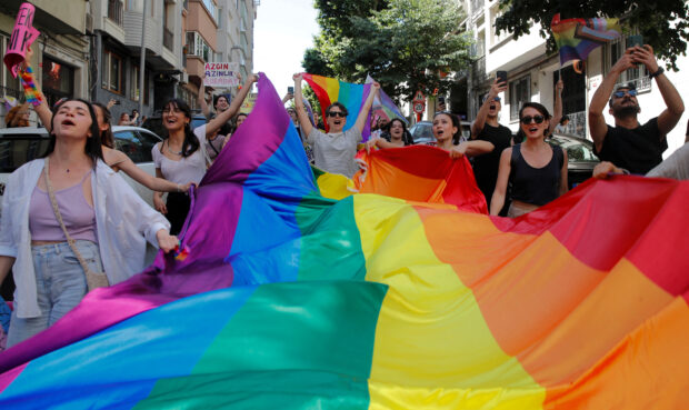 Turkey’s LGBT+ community gather for a pride parade, banned by local authorities, in central Istanbul, Turkey, June 25, 2023. REUTERS