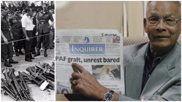 In this 2006 photo, former Sen. Rodolfo Biazon cites an Inquirer story as he discusses alleged irregularities in the Philippine Air Force. At left, Biazon, then commander of the National Capital Region Defense Command in 1990, joins then Defense Secretary Fidel V. Ramos in inspecting firearms seized from rebel soldiers. STORY: Rodolfo Biazon, a warrior and a gentleman; 88