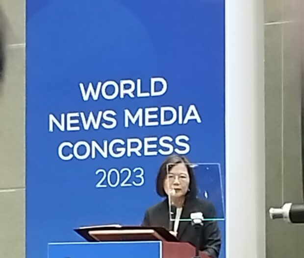 Taiwan President Tsai Ing-wen speaks at the World Media Congress 2023 organized by the World Association of News Publishers in Taipei, Taiwan, on Wednesday, June 28, 2023. INQUIRER.net/Katherine G. Adraneda
