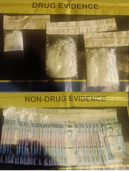 Suspected shabu worth over P2 million and buy-bust money seized following the arrest of Kurt Aaron Espinosa during a buy-bust operation in Davao City on Friday night. (Photos courtesy of Davao City Police Office)