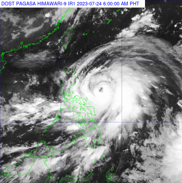 Typhoon Egay is moving westward at 15 kilometers per hour (kph), packing maximum sustained winds of 140 kph near the center with gustiness of up to 170 kph.