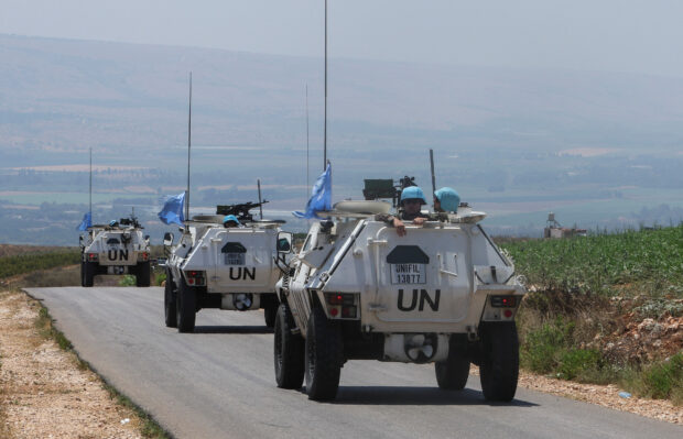 UN peacekeepers (UNIFIL) vehicles drive in the Lebanese village of Wazzani near the border with Israel, southern Lebanon, July 6, 2023. REUTERS/Aziz Taher