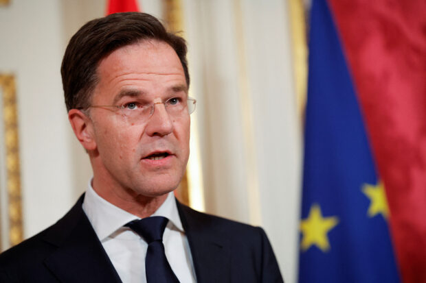 Dutch Prime Minister Mark Rutte speaks at a news conference with French President Emmanuel Macron (not pictured) during Macron's state visit to the Netherlands, in Amsterdam, Netherlands April 12, 2023. REUTERS/Piroschka van de Wouw/File Photo