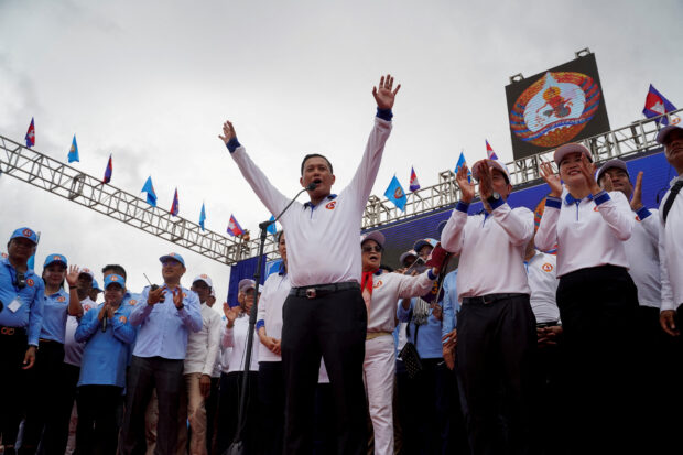 Hun Manet, son of Cambodia's Prime Minister Hun Sen, speaks during the final Cambodian People's Party (CPP) election campaign for the upcoming general election in Phnom Penh, Cambodia, July 21, 2023. REUTERS/Cindy Liu
