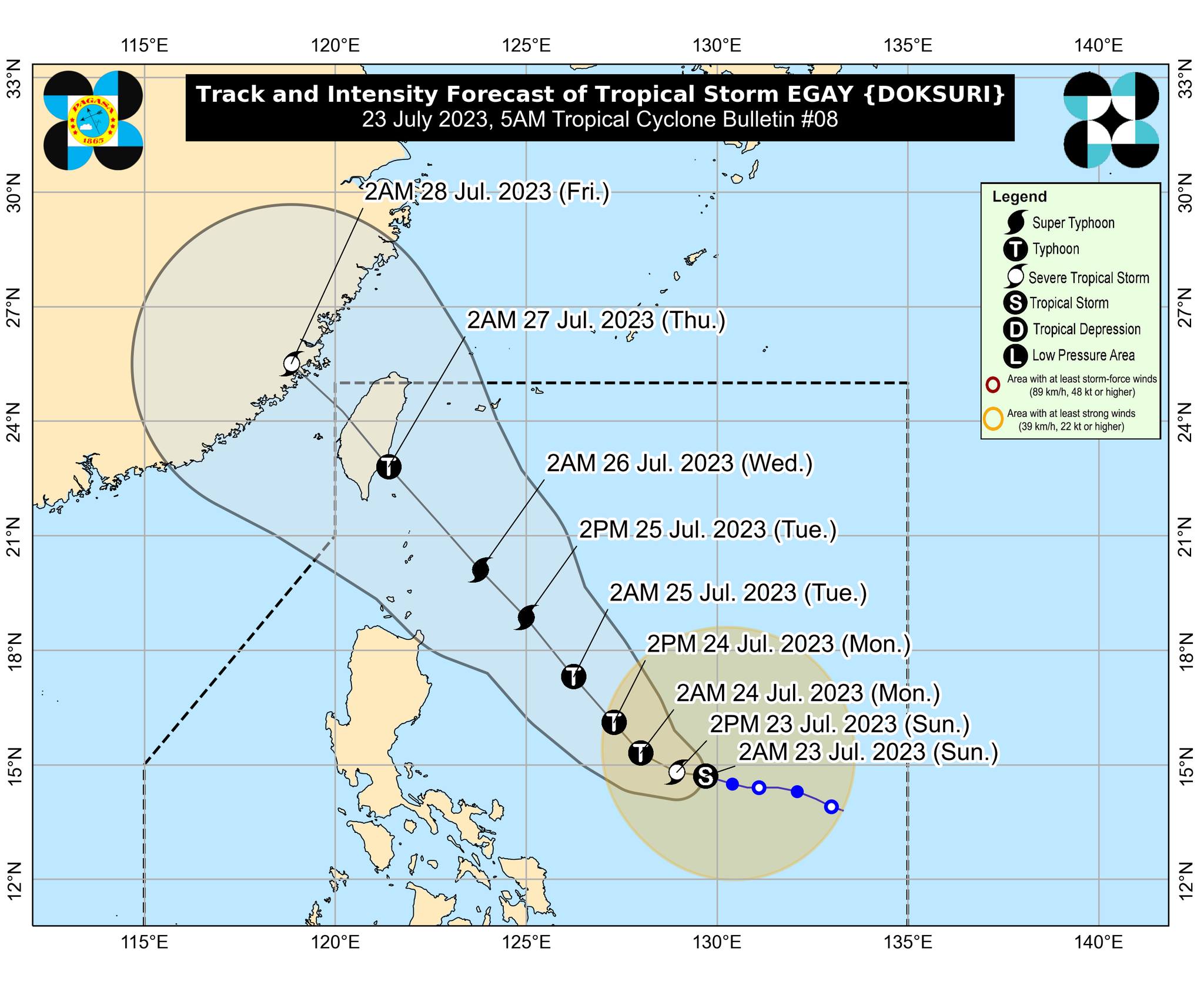 Tropical storm Egay last seen at 705 kilometers east of Daet, Camarines Norte, moving 10 kilometers per hour and carrying maximum sustained winds of 85 kph and gusts of up to 105 kph. (Photo courtesy of Pagasa)
