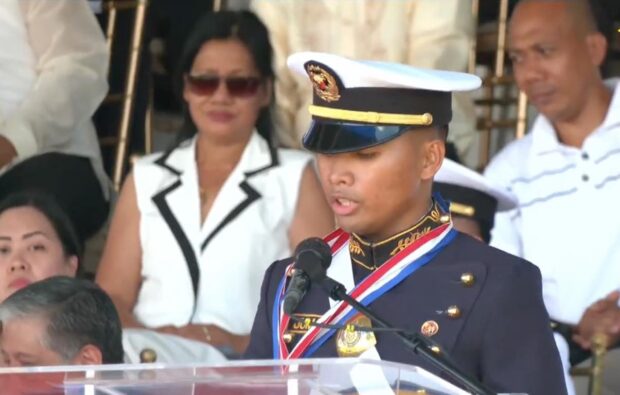 Midshipman 1st class Allan Jay Jumamoy, 23, the valedictorian of the Philippine Marine Merchant Academy's Masadiklan Class of 2023, delivers his speech during the 200th commencement exercise of the academy on Thursday, July 20. (Screen grab from live streamed video)