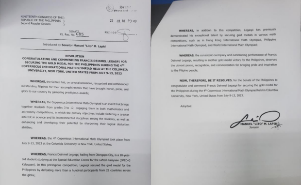 Senator Lito Lapid files a resolution commending Francis Deinmel Legaspi