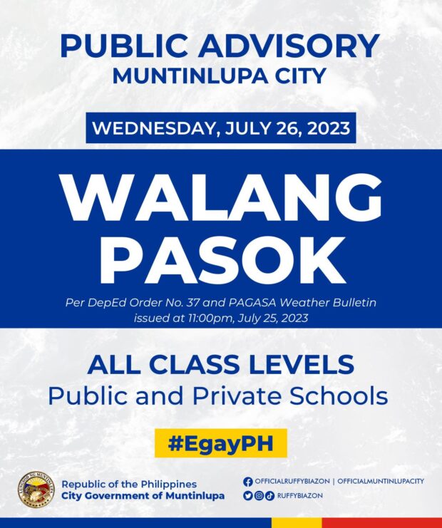 List of class suspensions for July 26, 2023 due to Typhoon Egay