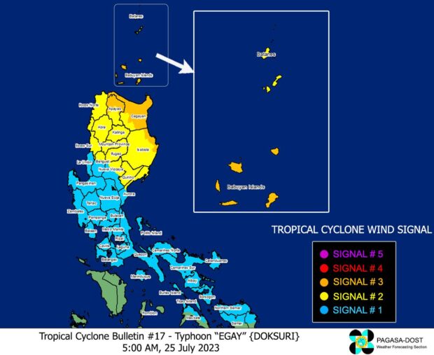 Several areas in Luzon and Visayas are under Wind Signals indicated by different colors as Egay is seen to intensify to super typhoon category. (Photo from Pagasa)