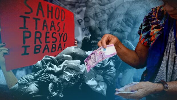 PHOTO: Composite image of Man holding peso bills and a sign saying SAHOD ITAAS! PRESYO IBABA! STORY: Labor group pushes review of wage board mechanisms