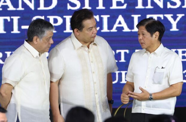 President Ferdinand "Bongbong" Marcos Jr. engages in a conversation with Speaker Ferdinand Martin Romualdez and Special Assistant to the President Secretary Antonio "Anton" Lagdameo, Jr. during the briefing and site inspection of the Clark Multi-Specialty Medical Center Monday morning at the Clark Freeport Zone, Pampanga. The project is a joint initiative of the Philippine Amusement and Gaming Corporation (Pagcor), Clark Development Corporation, Department of Health, Bases Conversion and Development Authority, and the Bloomberry Cultural Foundation, Inc.