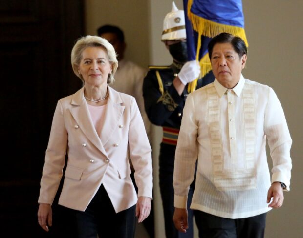 President Ferdinand Bongbong Marcos welcomes European Commission President Ursula von der Leyen on Monday, July 31, 2023. Von der Leyen would be in the Philippines for a two-day visit to discuss areas of trade, digital transition, and other topics with government and business leaders. (Photo from Ali Vicoy/Pool)