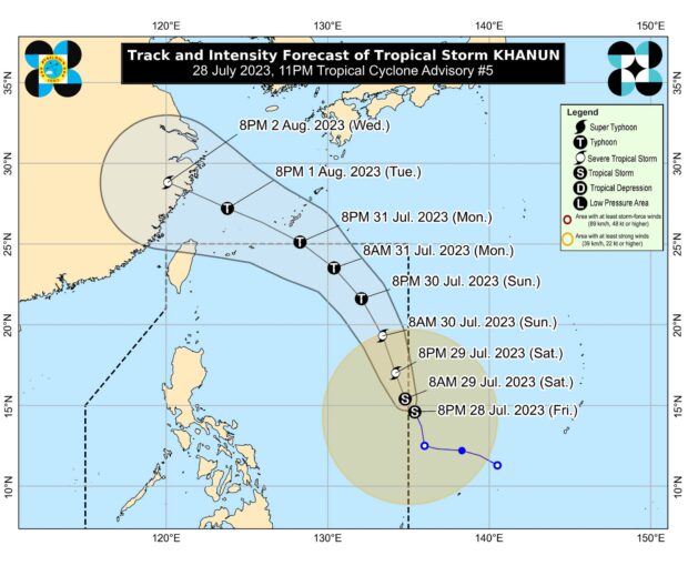 Tropical Storm Khanun will enter the Philippine area of responsibility (PAR) on Saturday morning, state meteorologists said.