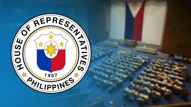 House of Representatives logo superimposed on birds eye view of plenary hall in session.