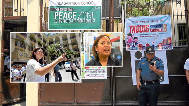 A sign at its gate declares Tibagan High School a peace zone. It is one of 14 public schools in Makati City now under the supervision of the Department of Education’s Taguig-Pateros Division amid a word war between Taguig City Mayor Lani Cayetano (left), who visited Tibagan on Tuesday, Aug. 15, 2023, and Makati City Mayor Abby Binay.