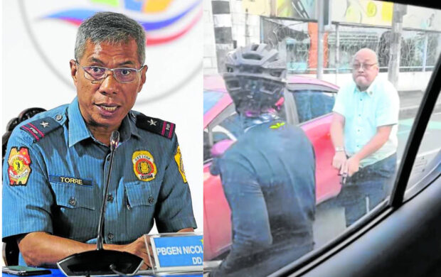 Quezon City Police District chief Brig. Gen. Nicolas Torre III (left) says in an interview before he submits his resignation that he “really deeply regrets” holding a press briefing for road rage suspect Wilfredo Gonzales who now has been fired twice—in 2016 by the Philippine National Police, and on Aug. 27 by the Supreme Court. 