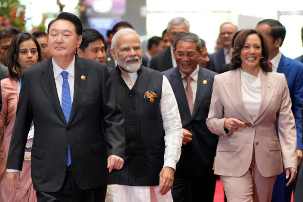 From left to right, South Korean President Yoon Suk Yeol, Indian Prime Minister Narendra Modi, Cambodia's Prime Minister Hun Manet, and U.S. Vice President Kamala Harris walk to attend the East Asia Summit at the Association of the Southeast Asian Nations (ASEAN)-Summit in Jakarta, Indonesia, Thursday, Sept. 7, 2023.     Achmad Ibrahim/Pool via REUTERS