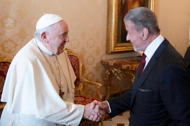 Pope Francis meets actor Sylvester Stallone at the Vatican, September 8, 2023.  Vatican Media/­Handout via REUTERS