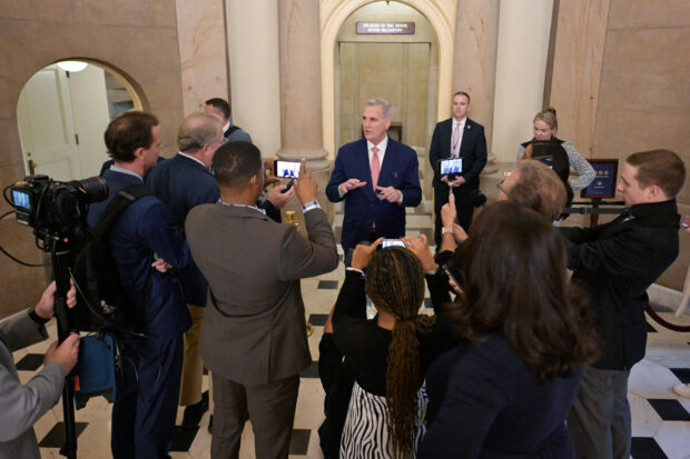 U.S. House Speaker Kevin McCarthy (R-CA) speaks with reporters as the deadline to avert a partial government shutdown approaches on Capitol Hill in Washington, U.S., September 28, 2023. REUTERS/Craig Hudson/ File Photo
