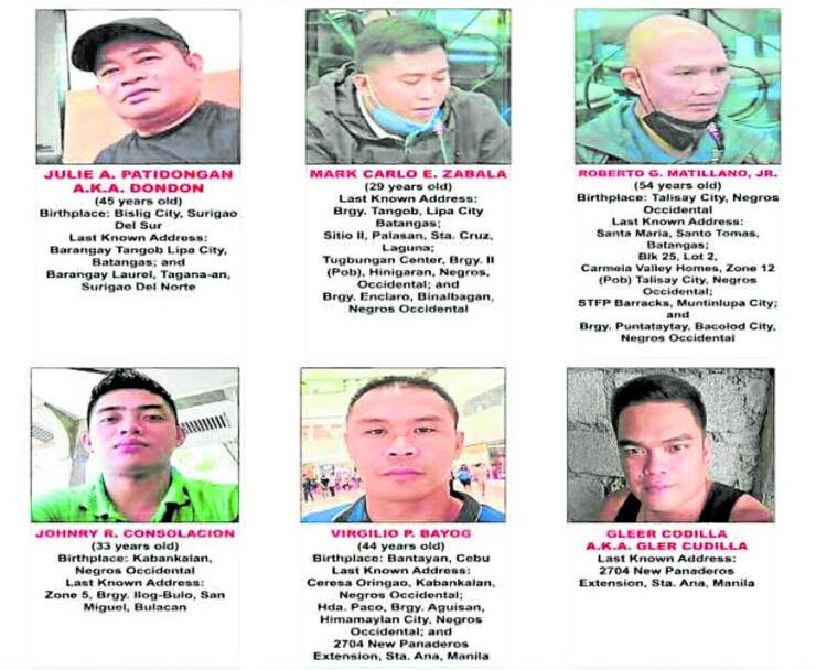 ROGUES GALLERY Police show the six former security guards accused in the abduction of six ‘sabungeros.’ —PHOTO FROM PNP-CIDG