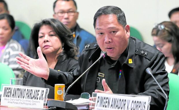 NTF-ELCAC DAYS Maj. Gen. Antonio Parlade Jr. andLorraine Badoy, during their stint as officials of the National Task Force to End Local Communist Armed Conflict, attend a Senate hearing on Aug. 14, 2019, regarding the alleged recruitment of minors by groups that they link to the communist insurgency. —PNA PHOTO