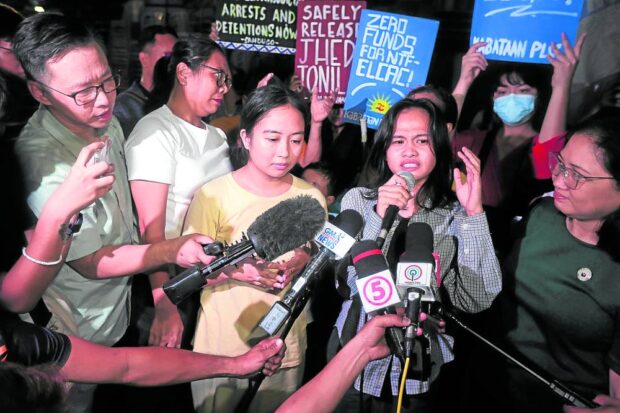 Environmental activists Jhed Tamano and Jonila Castro face the media on Sept. 19, 2023, after their release. 