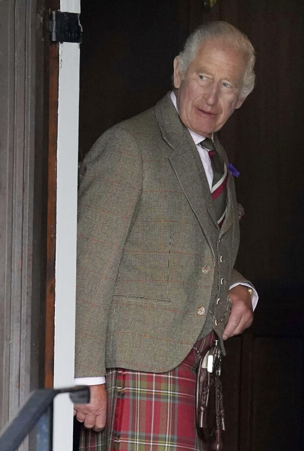 Britain's King Charles III arrives at Crathie Parish Church for a church service to mark the first anniversary of the death of Queen Elizabeth II, near Balmoral, Scotland, Friday, Sept. 8, 2023. (Andrew Milligan/Pool Photo via AP)
