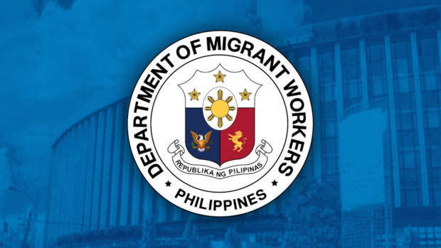 Department of Migrant Workers logo superimposed on a washed out photo in blue of the DMW building on EDSA