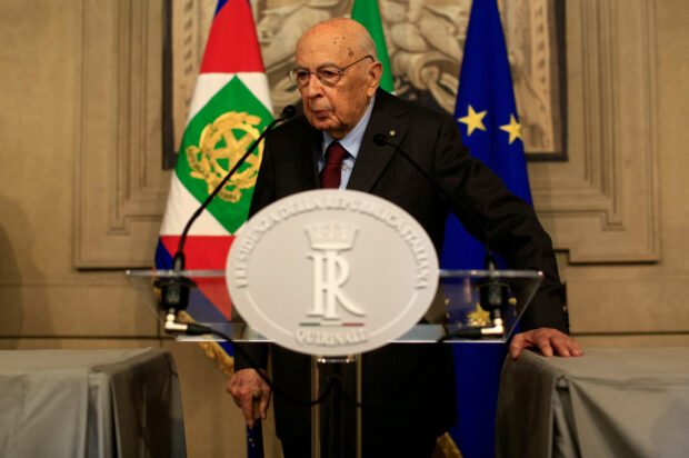 FILE PHOTO: Italian former President and senator Giorgio Napolitano speaks following a talk with Italian President Sergio Mattarella at the Quirinal Palace in Rome