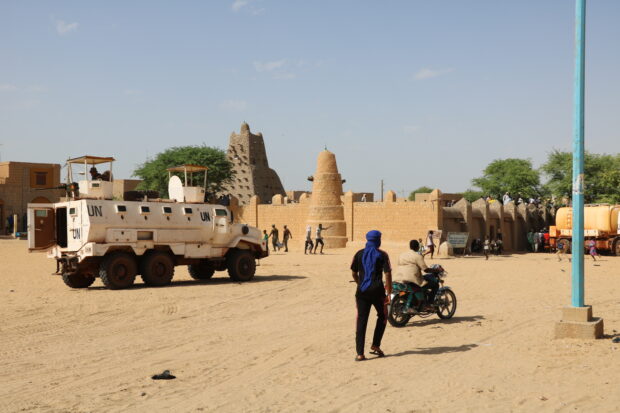 United Nations forces patrol the streets of Timbuktu, Mali, on Sept. 26, 2021. 