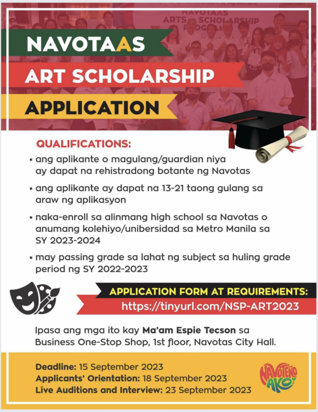 The local government unit of Navotas has reopened applications for its "NavotaAs art scholarship" program.